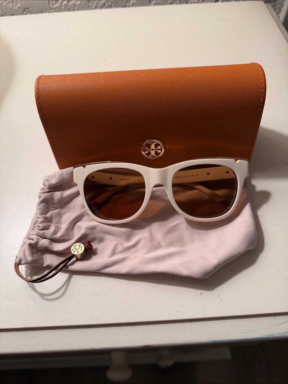 Tory Burch White Frame Sunglasses with Brown Lenses and Orange Case